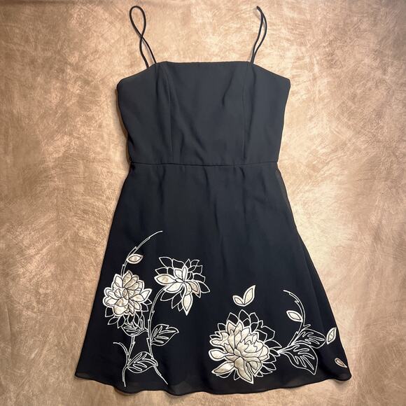 Vintage 90s S.L. Fashions Floral A-Line Midi Dress Sleeveless Empire Waist Black - Picture 1 of 8